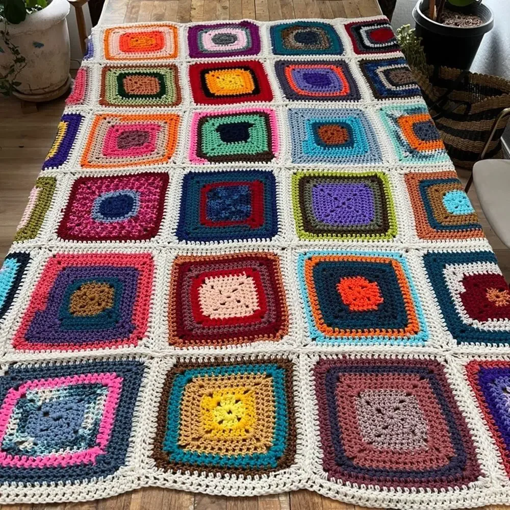 Handmade Crochet Granny Square Blanket 52 x 65
